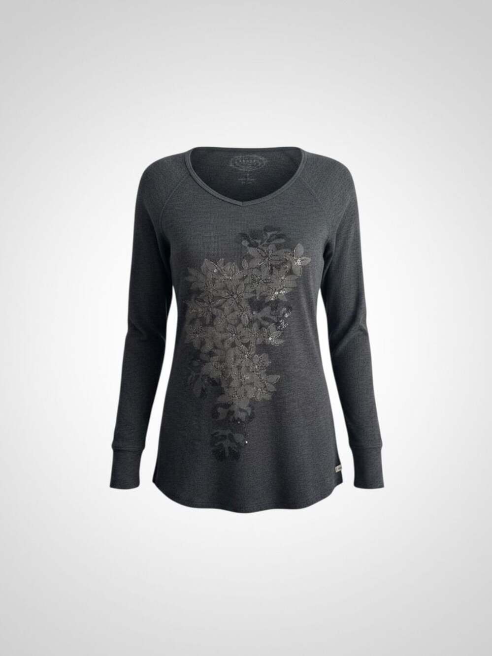 Jake's Charcoal Gray Floral Rhinestone Long Sleeve Thermal Tunic Top Size XS